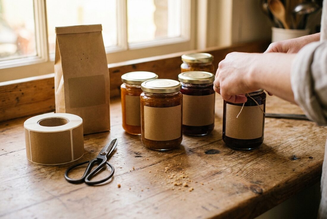 A worktop with jars and a kraft coffee bag carrying plain unprinted labels, beside a roll of blank kraft labels
