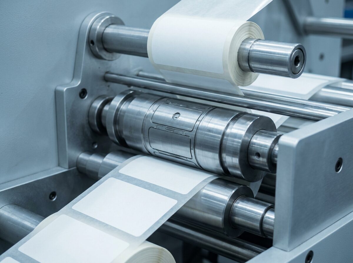 A rotary die-cutting station with the waste matrix peeling away from blank die-cut labels