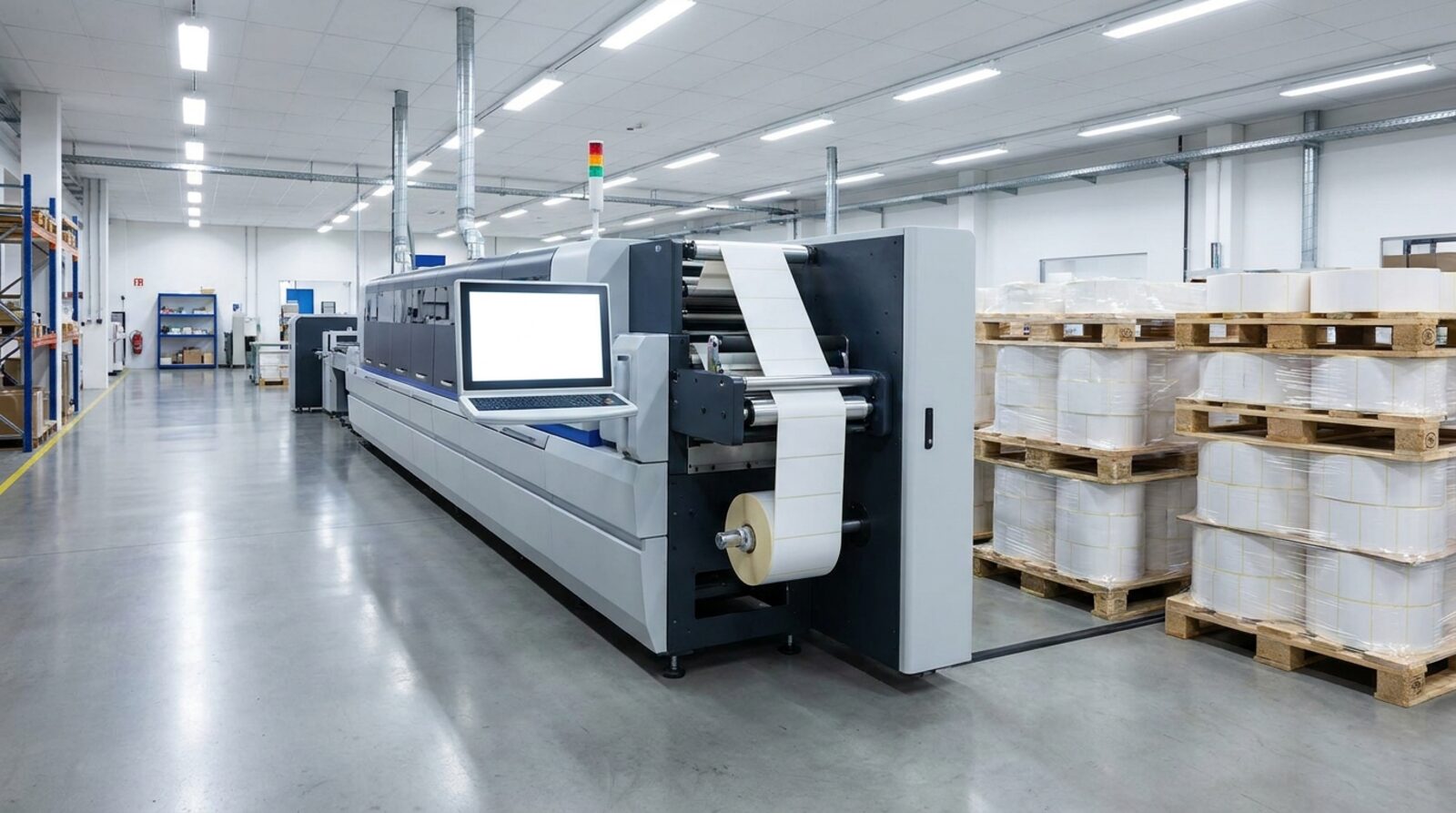 A wide view down a label printing factory floor with a digital press and stacked reels of blank labels
