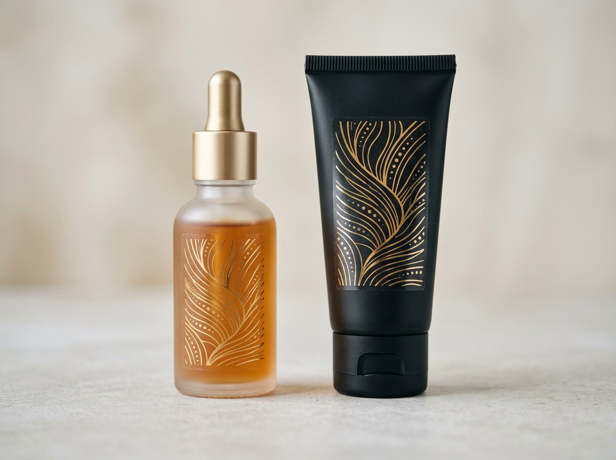 A frosted serum bottle and a soft-touch tube wearing clear-on-clear labels with gold foil detail, the label edge invisible against the glass