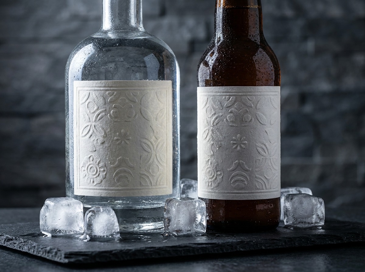 A gin bottle and a craft beer bottle standing in melting ice, their embossed textured-paper labels still crisp and flat
