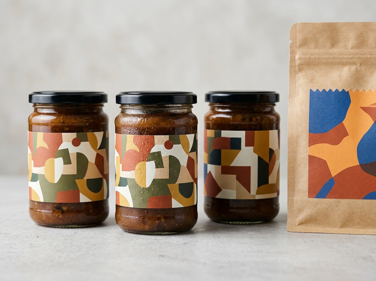 Three amber chutney jars and a kraft coffee bag carrying matt-finish printed paper labels, one jar wet from chilled storage