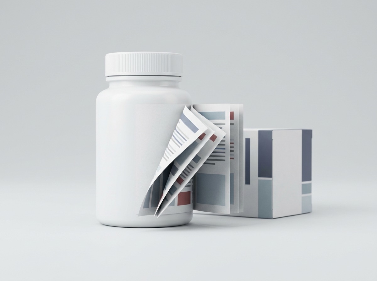 A white pharmaceutical bottle wearing a multi-page booklet label with the leaflet section peeled open to show the printed pages inside