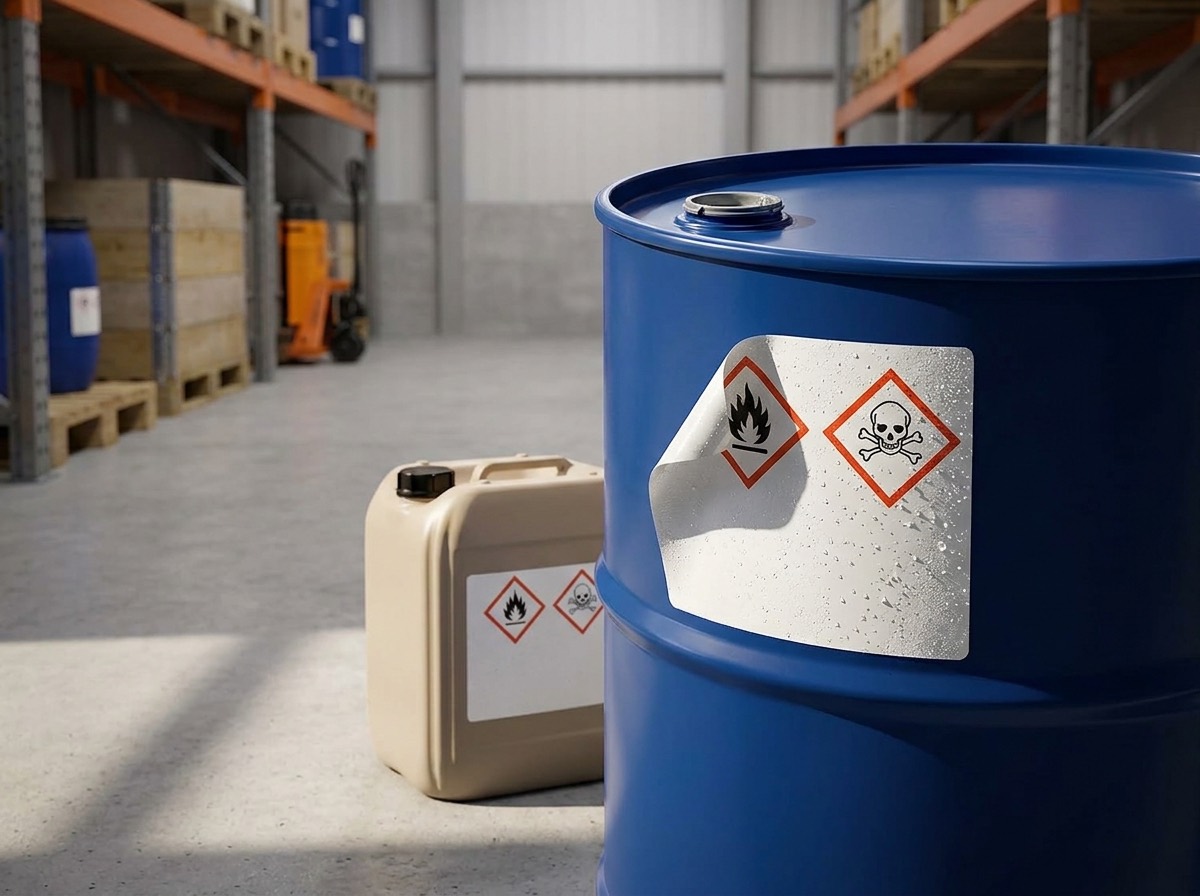 A blue steel chemical drum and a jerrycan carrying white polyester GHS hazard labels, the label surface wet and unmarked