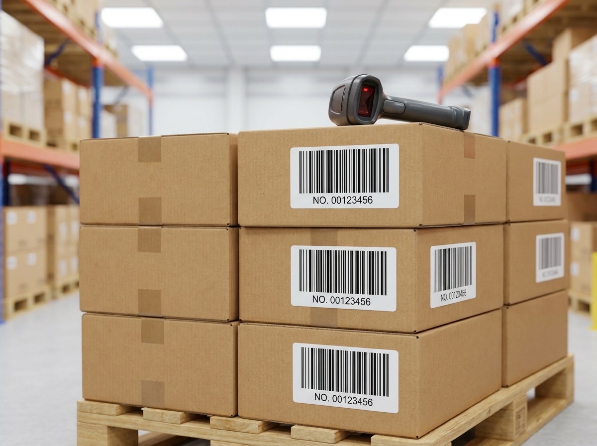 Stacked corrugated cartons carrying white thermal transfer labels with sharp black barcodes, a handheld scanner resting on top