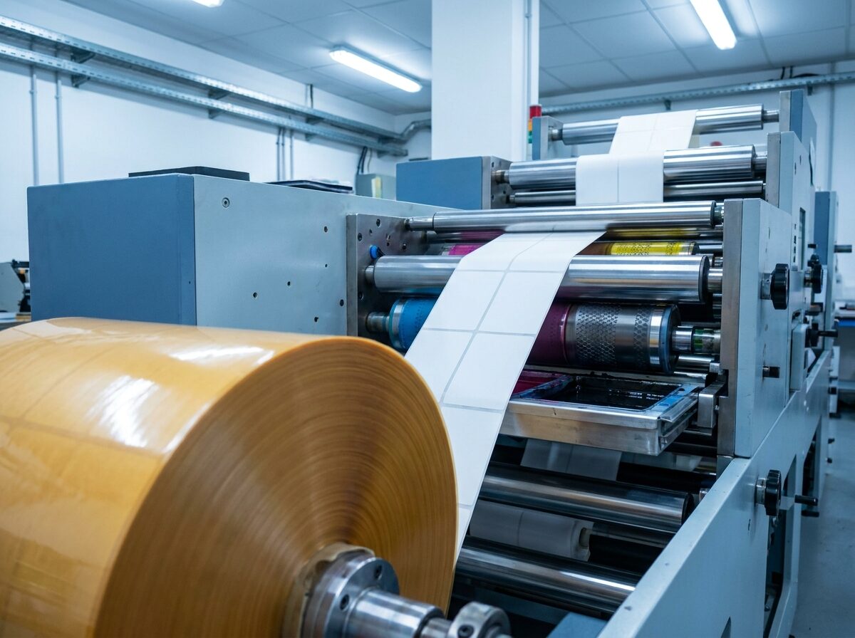 A flexographic label press running, with anilox rollers and a web of blank white label stock