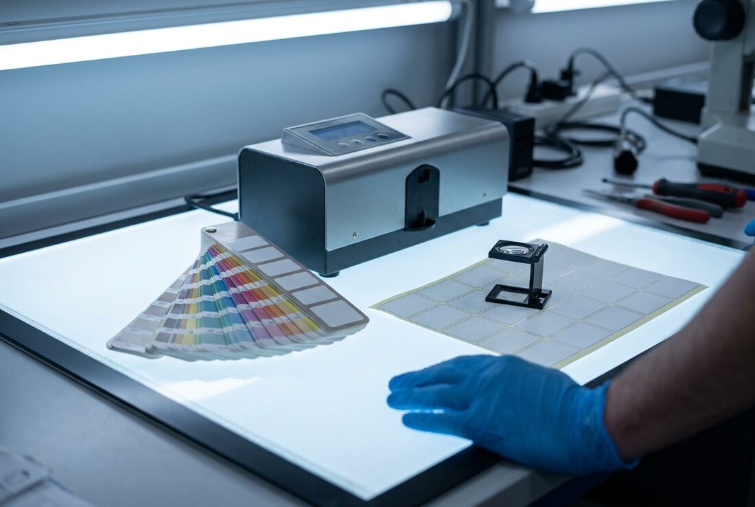 A quality control bench with a spectrophotometer, a colour swatch fan on a lightbox and a magnifying loupe