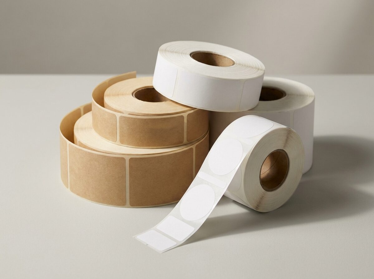 Finished reels of printed self-adhesive labels stacked on a rack beside the press
